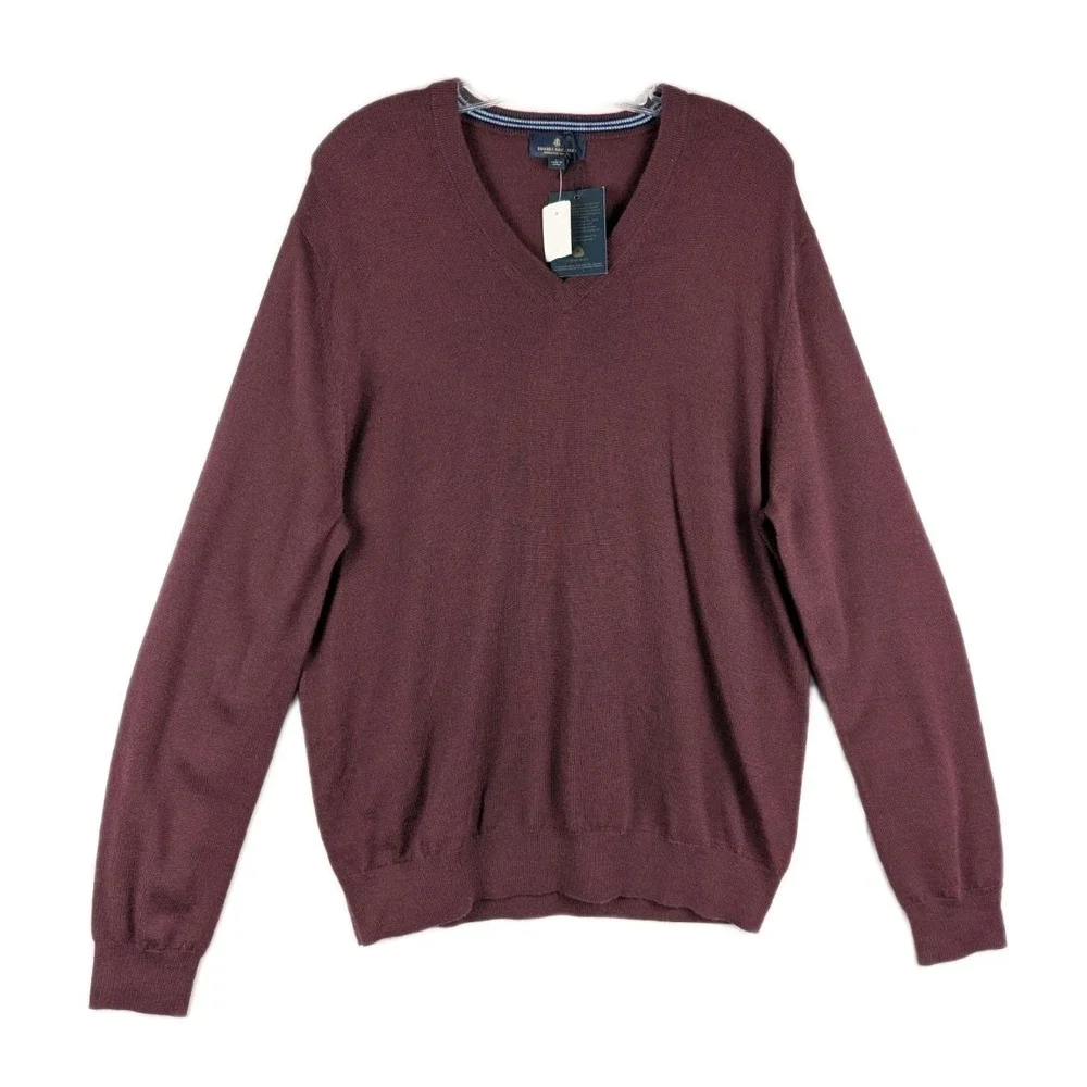 New‎ Brooks Brothers Sweater Mens Large Burgundy V-Neck Merino Wool Pullover